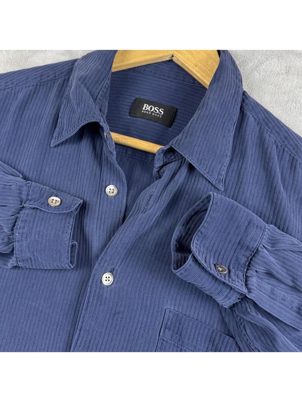 Hugo Boss Mens Large Blue Textured Stripe Button Up Dress Shirt Long Sleeve Prep